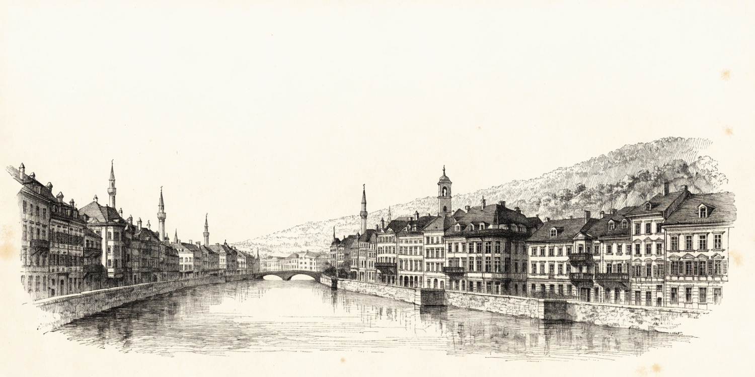 Dobová kresba sarajevského nábřeží podél Miljacky, 1914